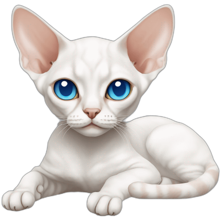 Slim white devon rex with light blue eyes relaxing emoji