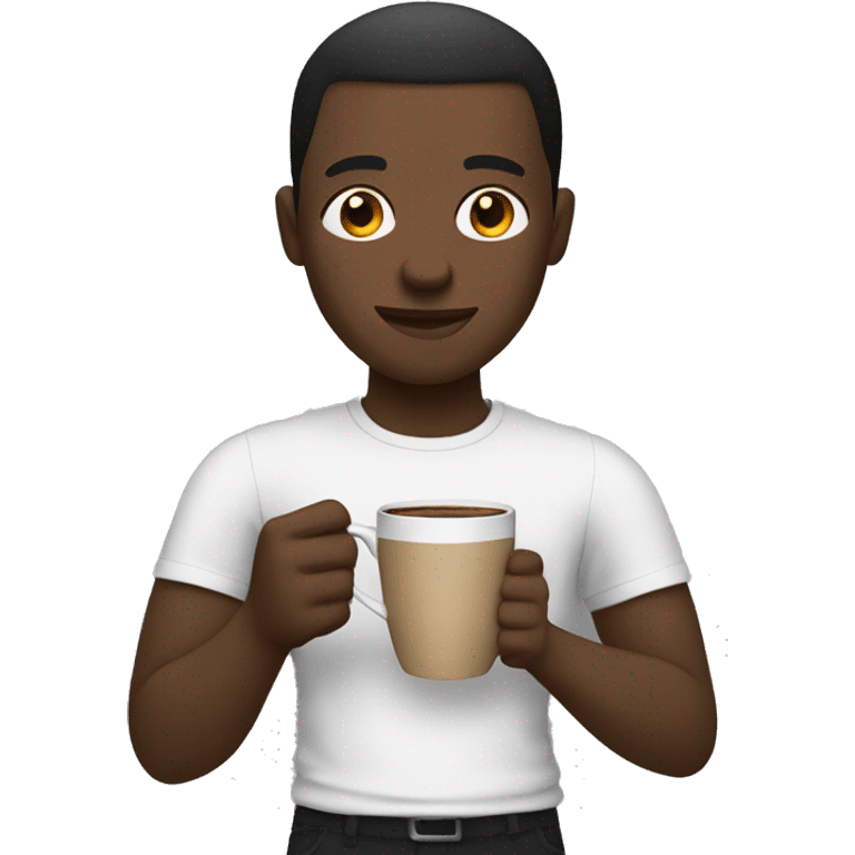 Black man with short hair wearing a black shirt holding a cup of coffee emoji