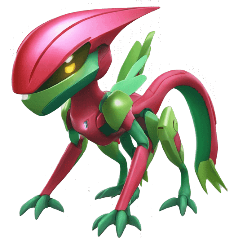 a shiny Genesect-Flygon-Raptor-Fakémon—hybrid with a futuristic visor-helmet full body emoji