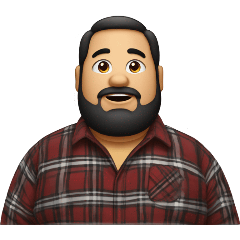 Fat man wearing a darkred and black plaid flannel shirt profile picture, happy, black hair emoji