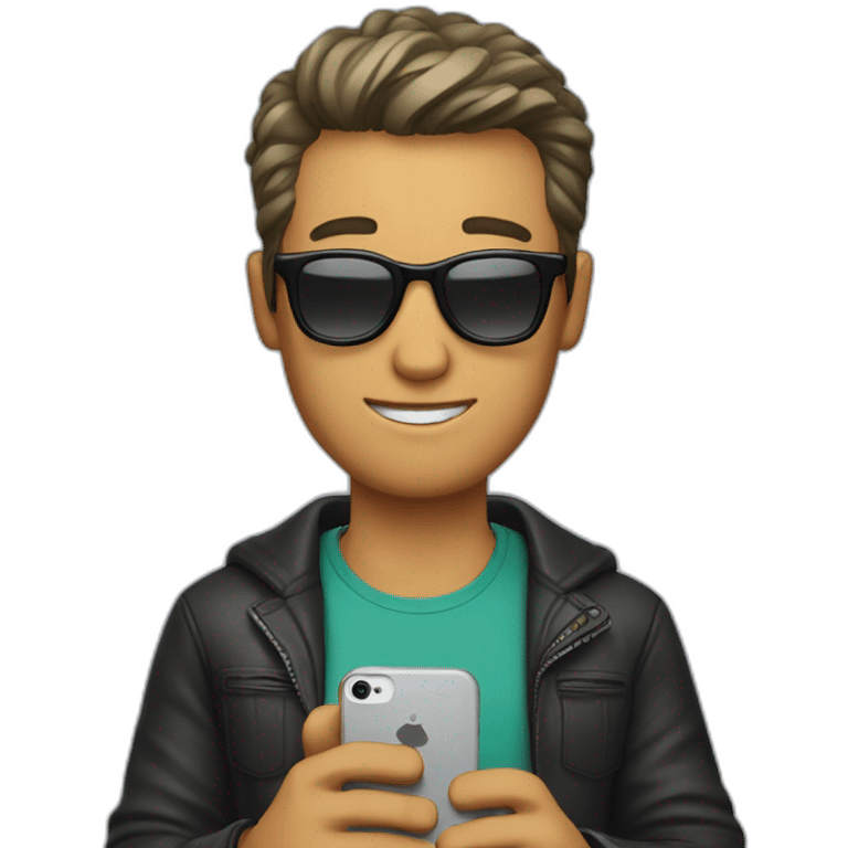 A guy with short hair and sunglasses holds a cell phone in his hand emoji