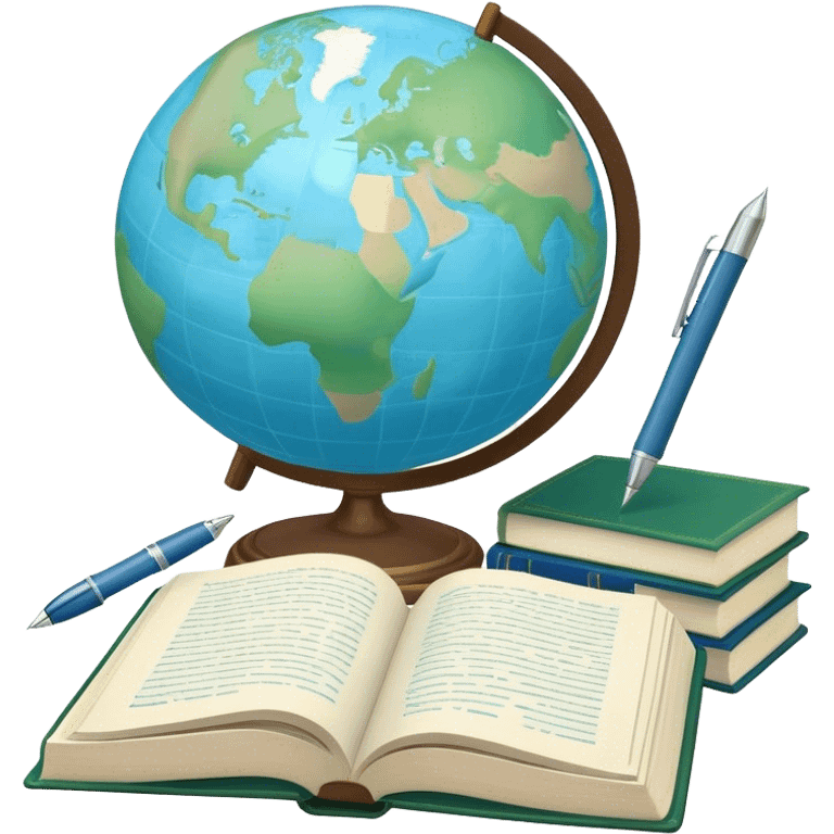 Create an emoji representing language translation. The design should feature a single globe in the background, symbolizing international communication. In front of the globe, place two opened books, with texts in it and a pen nearby to indicate the act of writing and vocabulary. Use a clean and professional color palette with blues, greens, and neutral tones. Do not include any emojis or smiley faces. Make the background transparent emoji