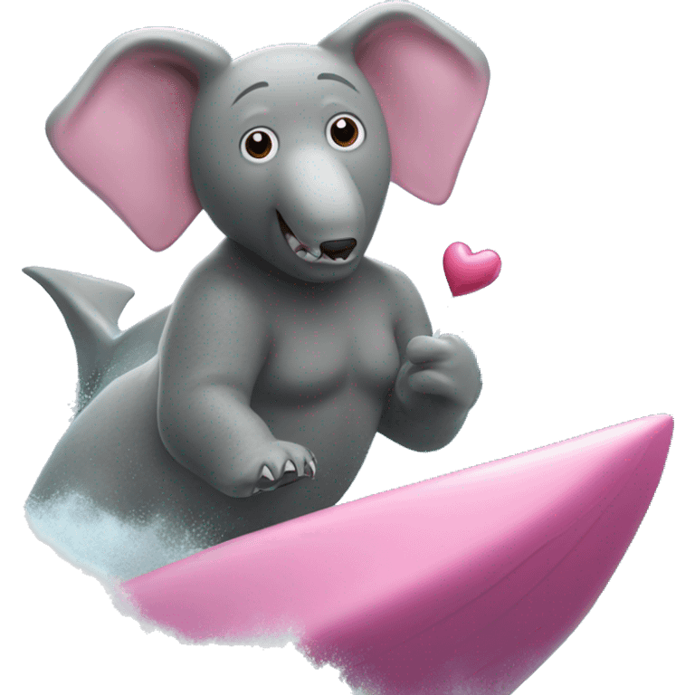 Show me a bear holding a pink heart riding an elephant surfing on top of a shark in the ocean emoji