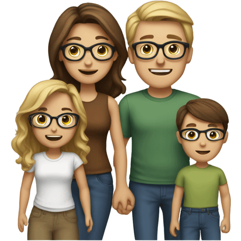 White family of 6, 1 mom with brown hair, 1 father with brown hair, 2 boys with Brown hair, 2 girls with glasses and long blond hair emoji