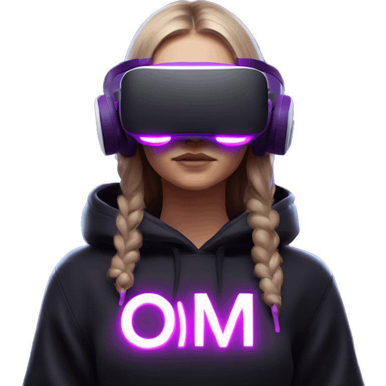 Russian girl wearing black hoody with violet letters "OMG", in vr headset oculus quest2. Standing like jedi. Cyberpunk style. Violet neon. emoji