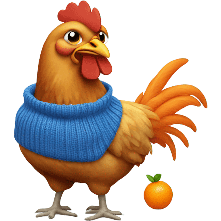 chicken wearing a blue sweater eating an orange emoji