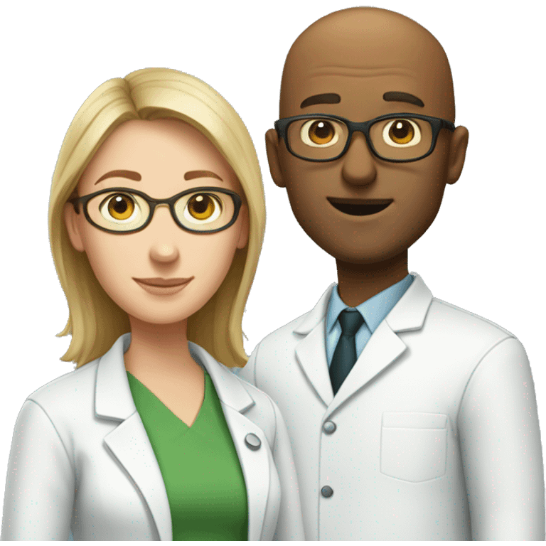 Two scientists standing together: one is a Caucasian bald man in lab coat , the other is a Caucasian woman in lab coat  with short brown hair and green glasses emoji