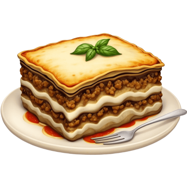 Moussaka Cinematic Realistic Moussaka Dish Emoji, depicted as a rustic serving of moussaka with layers of soft eggplant, ground meat, and a creamy topping featuring a delightfully crispy corner, rendered with rich textures and warm, inviting lighting. emoji