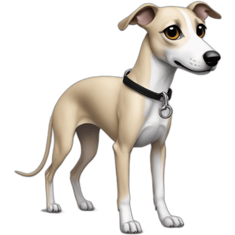 a beige whippet sideways with his left foot raised up up and a leash going out of frame, with a dark snout, black and white mouth patchy and black angel wing like eyes emoji