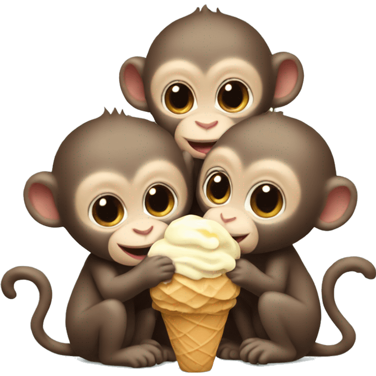 three baby monkeys hugging and eating ice cream  emoji