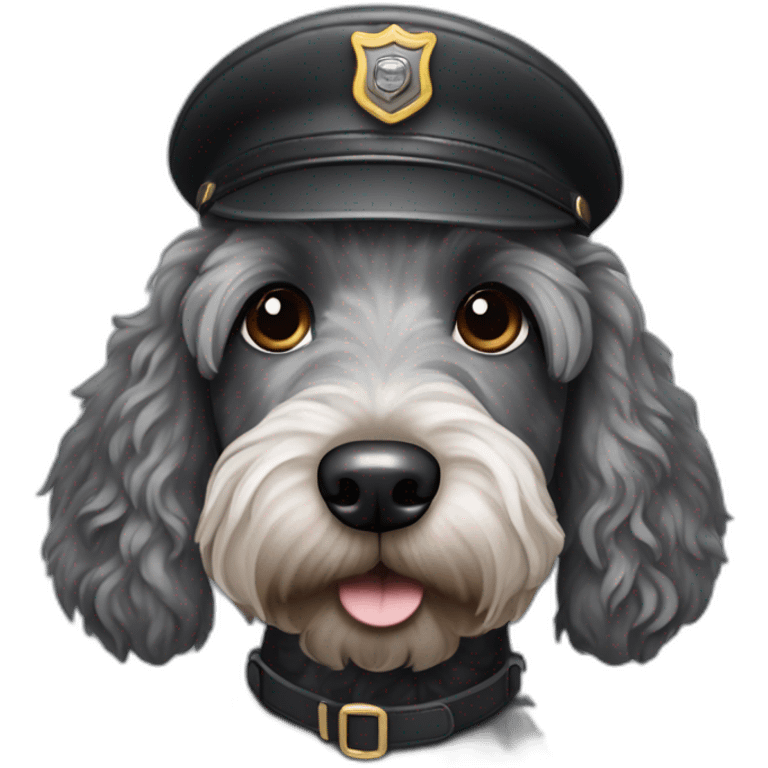 black and grey labradoodle dog's face with short ears and a long nose wearing a pilot cap emoji