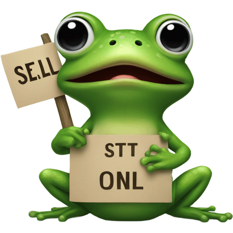 A frog with a sign saying sell emoji