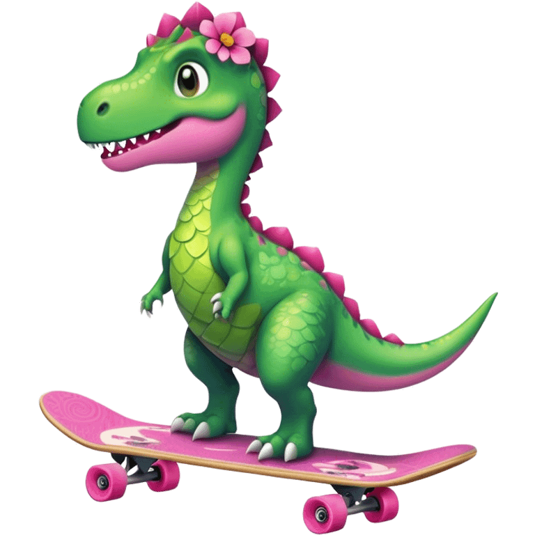 a dinosaur standing on a skateboard and wearing a dress emoji