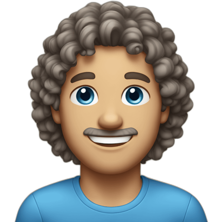 man-with big smile-curly brown-hair with grey streaks-and-blue-eyes, blue shirt emoji