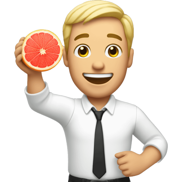 Excited white man holding a grapefruit emoji