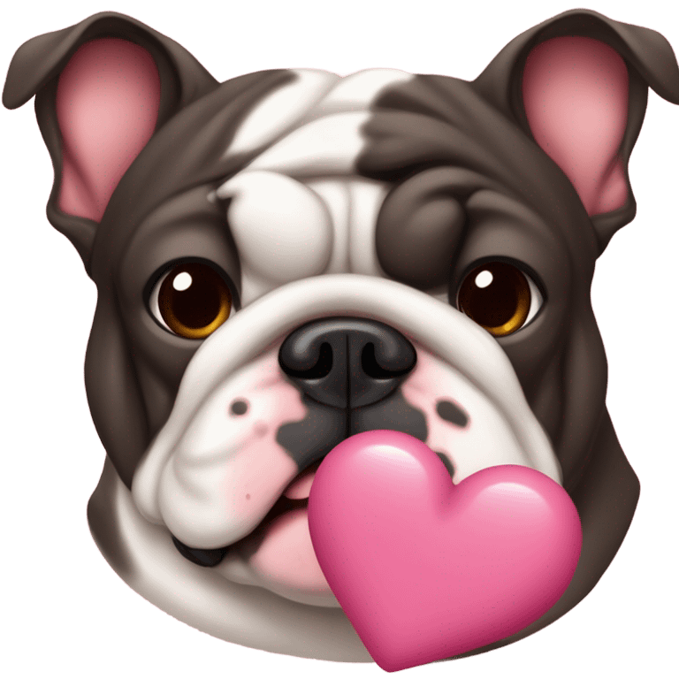 Crea un bulldog francese di colore fulvo che è una femminuccia e che ha un musino nero ma sul tartufo del naso a una macchiolina a forma di cuore Rosa emoji