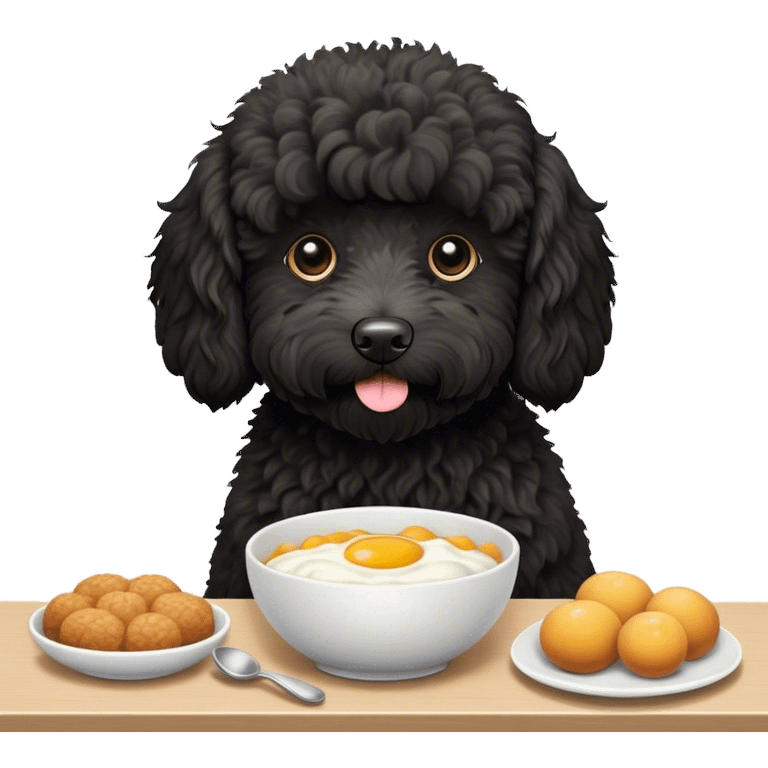 All black labradoodle, making breakfast  emoji