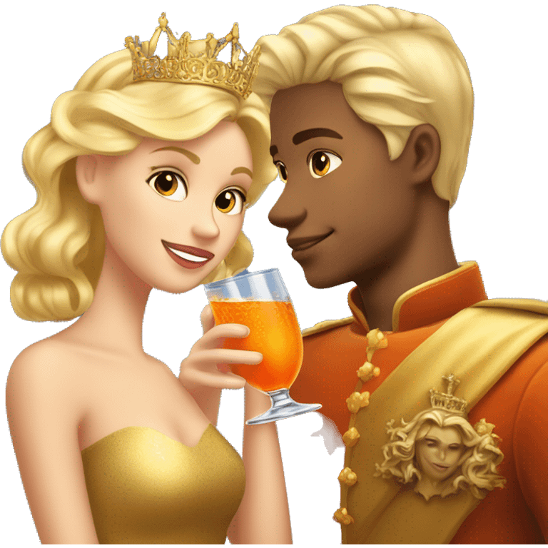 beautiful blond princess with crown in a golden dress and a beautiful blond prince drinking aperol emoji