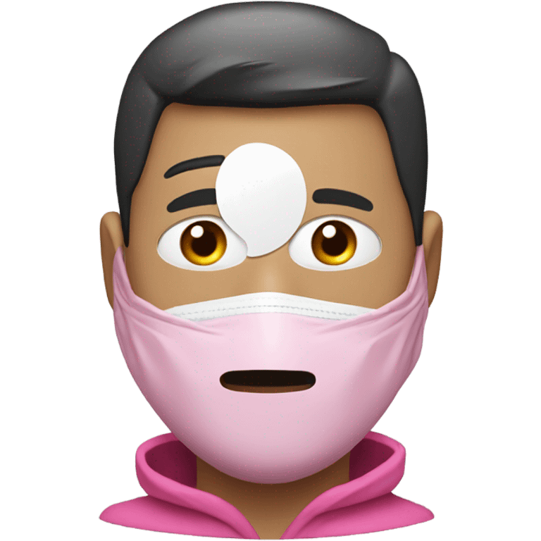 Man in pink jacket hood up, identity hiding plastic mask with white circle in the middle  emoji