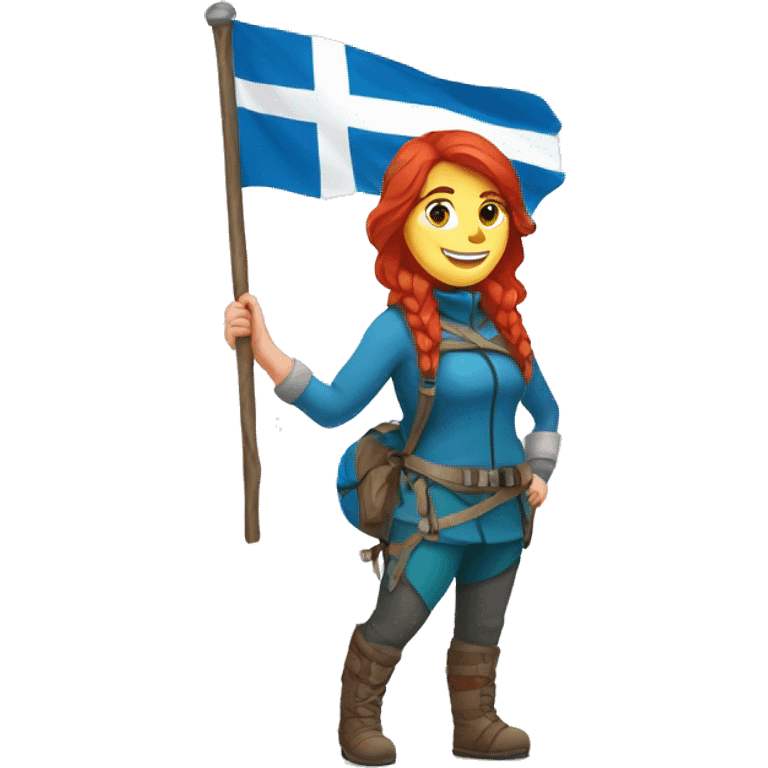 female winter mountaineer red hair holding greek flag and easter egg emoji