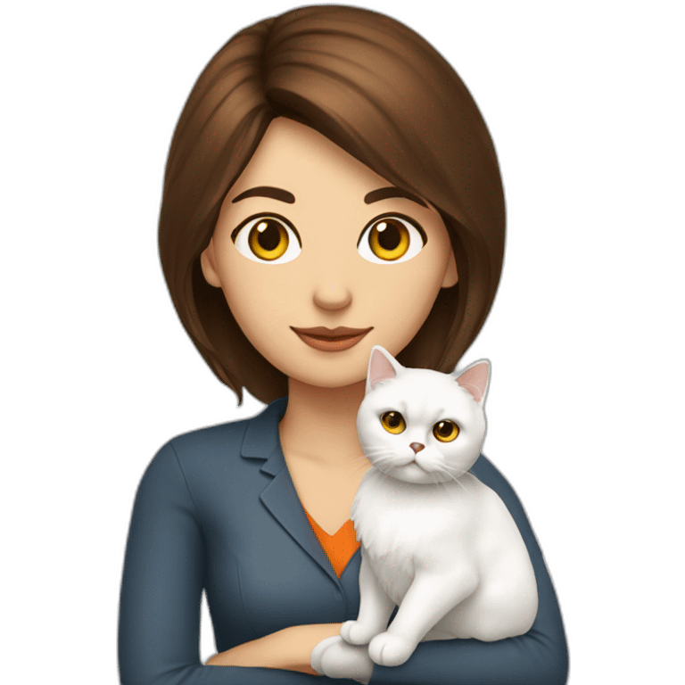 brunette copywriter with white and orange persian cat emoji