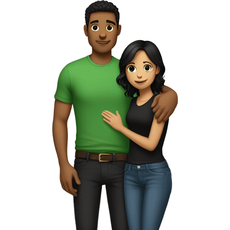 tall guy wearing green shirt and black jeans hugging a shorter girl with blue jeans and black shirt with black hair and light tan  emoji