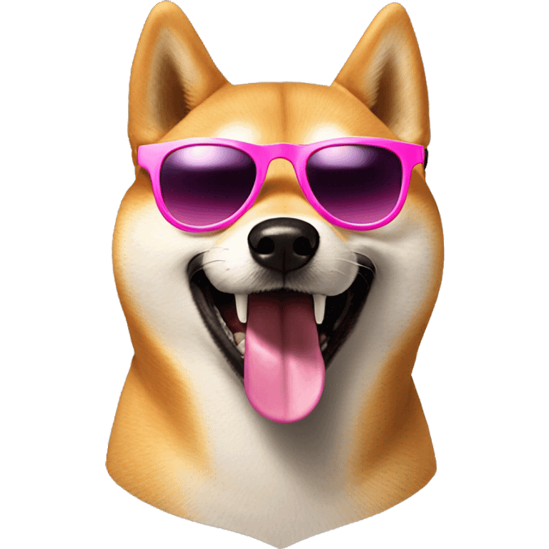 shiba inu wearing pink sunglasses, smiling with mouth open emoji