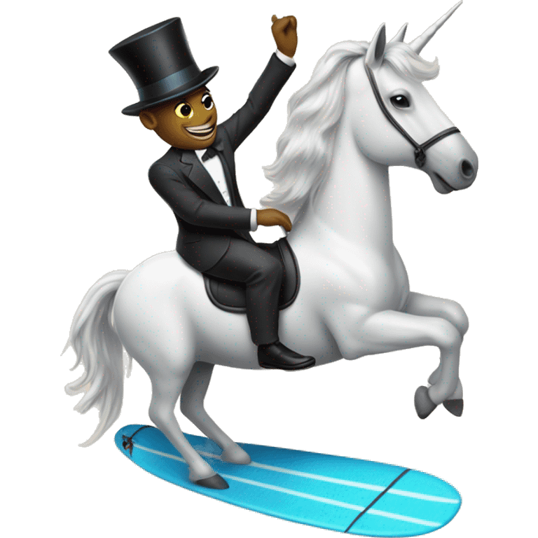 unicorn riding a surfboard with a top hat and a monicle  emoji