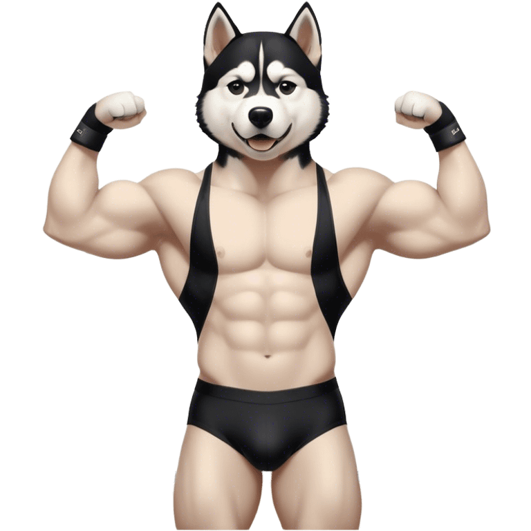 a black and white husky. Surrounded by a magical mist as a extremely mega strong bodybuilder, with even tighter extremely extremely giant black speedos, extremely muscular, overflowing with extremely giant muscles, flexing its muscles to the maximum, striking a confident pose, in an empty gym with lighting that emphasizes its size, cinematic shot, dynamic lighting, 75mm, Technicolor, Panavision, cinemascope, sharp focus, fine details, 8k, HDR, realism, realistic, key visual, film still, cinematic color grading, depth of field, (anthro:0.1) emoji