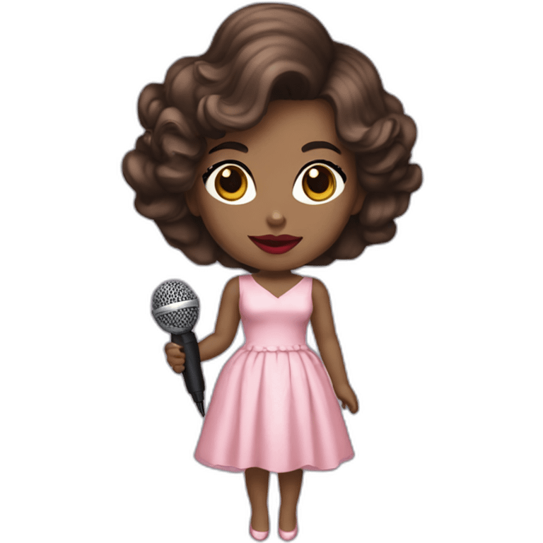 Pretty Woman Wearing A Fancy Baby pink dress with Dark brown Hair, with Red lipstick holding a microphone  emoji