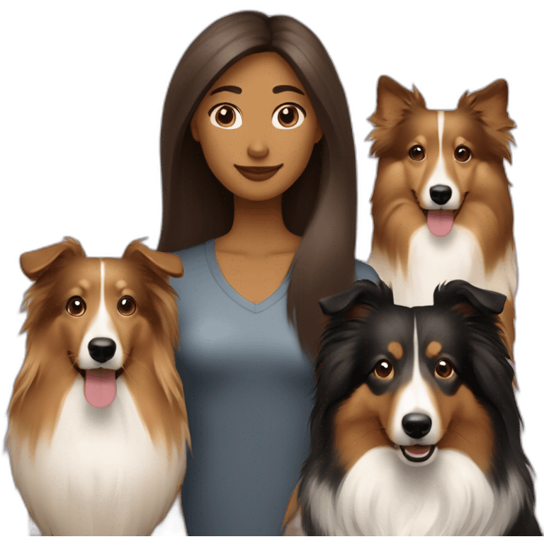 woman with straight light-bround hair and 2 dogs sable sheltie and bi-black sheltie emoji