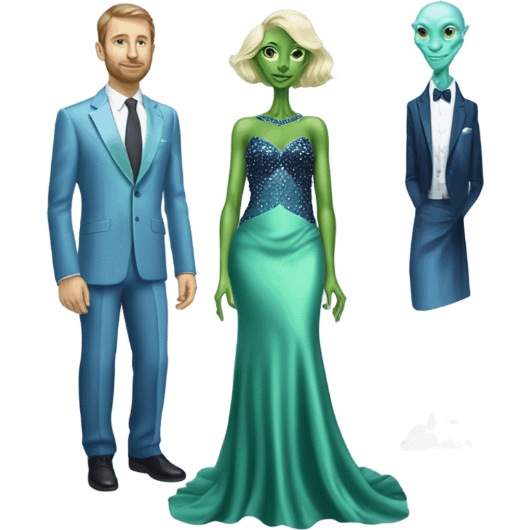 alien reptilian green skin woman, in long slim pastel blue formal party satin dress with gradient shiny sparkling navy blue diamonds embroidered , and caucasian man in black dres on his knees asks her to marry her emoji