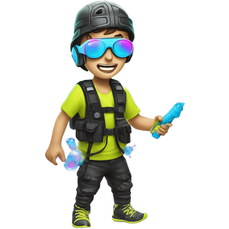 Caucasian boy in glowing rave outfit with mask, sunglasses, and headgear, firing hundreds of bubbles out of a water gun emoji