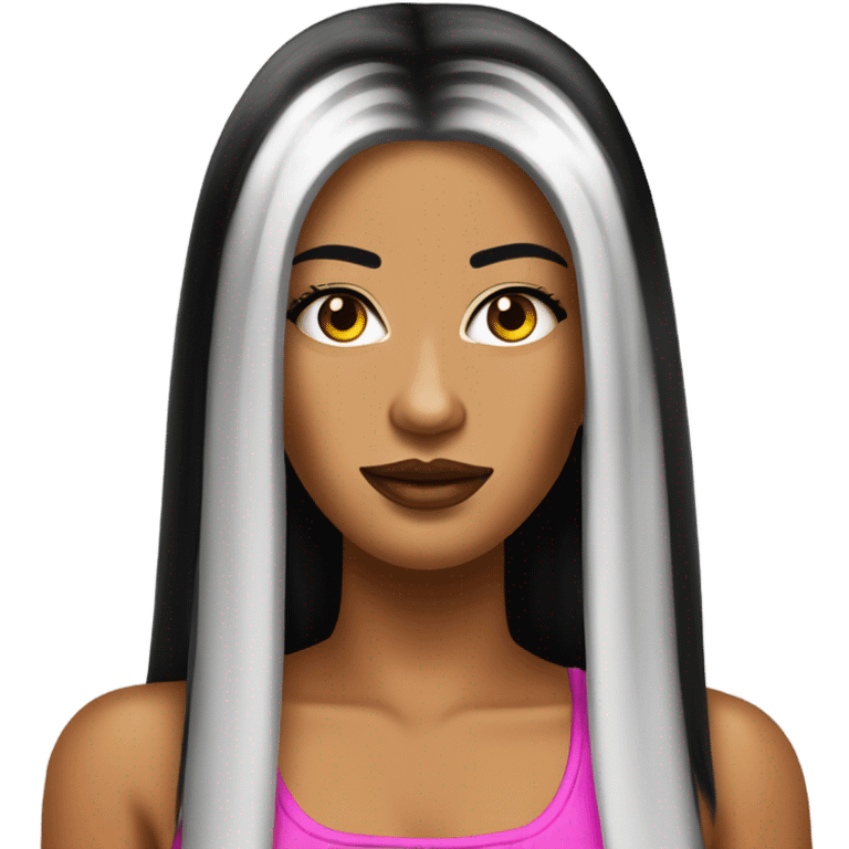 Tanned woman with long black hair dressed in Y2K hip hop hair, makeup, and neon attire emoji