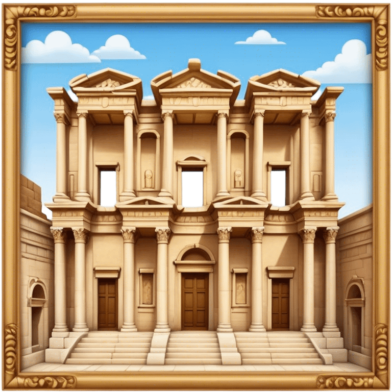 Cinematic Realistic Library of Celsus Landmark Emoji, depicted with an ornate ancient facade rendered with lifelike textures and warm, historical lighting. emoji