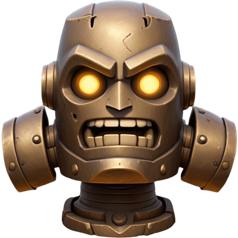 Cinematic Comical Mighty Iron Golem Portrait Emoji Head tilted dramatically with an exaggeratedly amused expression, featuring a bulky, armored form with a slightly lopsided stance, ancient runes flickering erratically, and one massive, jointed hand raised in a slow, deliberate wave. Wide, expressive glowing eyes give it an almost humorous, puzzled look, as if it’s contemplating something far beyond mortal understanding. Rendered with detailed metallic textures and deep, dynamic lighting, high shine, dramatic yet whimsical, styled with a hint of unexpected charm, soft glowing outline, capturing the essence of an endearing yet colossal guardian that looks ready to crack an impossibly slow, earth-shaking joke! emoji