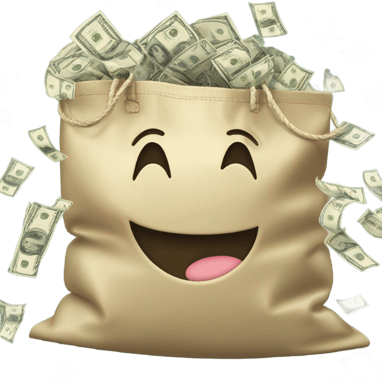 A smiley crying with laughter while holding a bag of money, symbolizing unexpected success. emoji