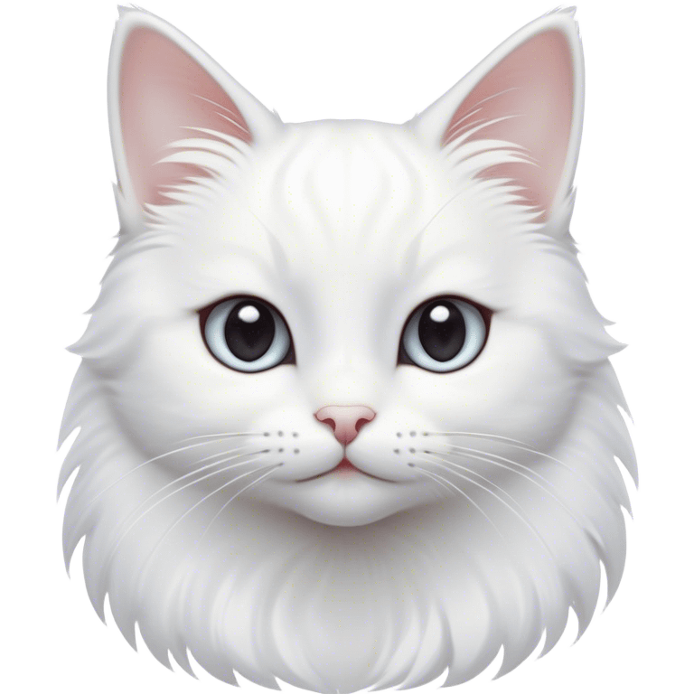 Cinematic Cute White Cat Portrait Emoji, Head tilted with a soft, gentle smile and sparkling eyes, featuring a silky, pristine white fur with subtle silver highlights, simplified yet irresistibly adorable, highly detailed, glowing with a warm, snowy glow, high shine, radiating affectionate charm and tender grace, styled with a light, playful outline, capturing the essence of a cute white cat that looks as if it could melt your heart with a single blink! emoji