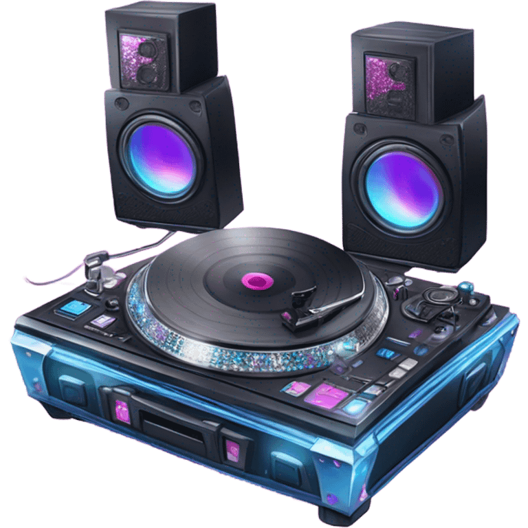 Realistic isolated DJ turntables and console setup with pink,blue,and purple sparkling diamonds and rhinestones on it. emoji