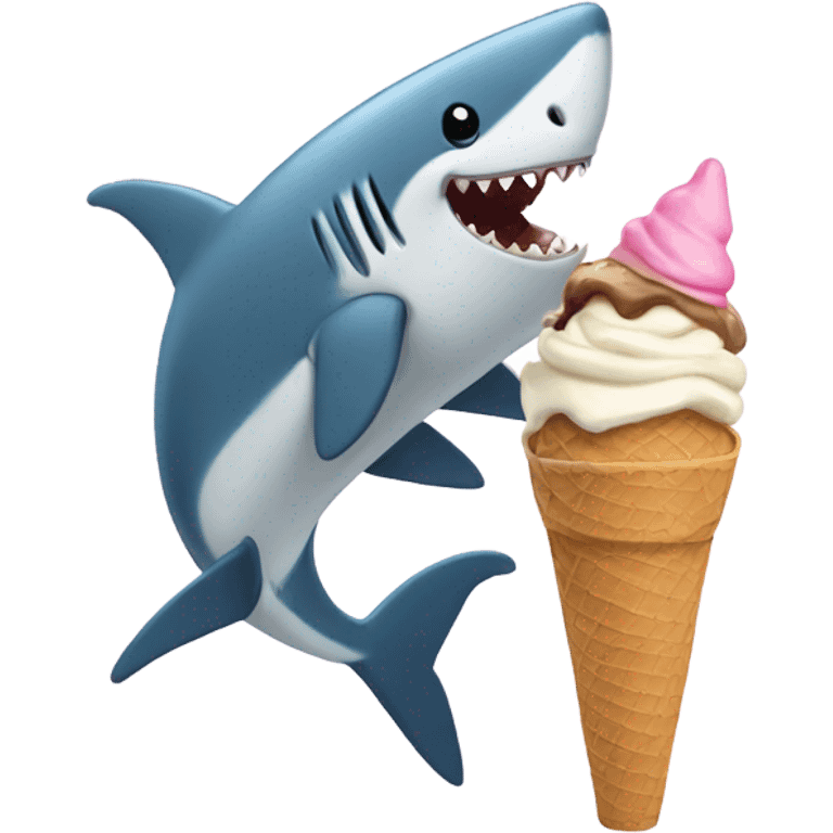 Girl with ponytail standing eating ice cream with a shark  emoji