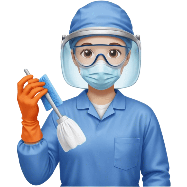 A meticulous cleanroom worker dressed in full protective gear, including a blue sterile suit, a face mask,  and orange gloves.  cleaning glasses with a wipe in one Hand emoji