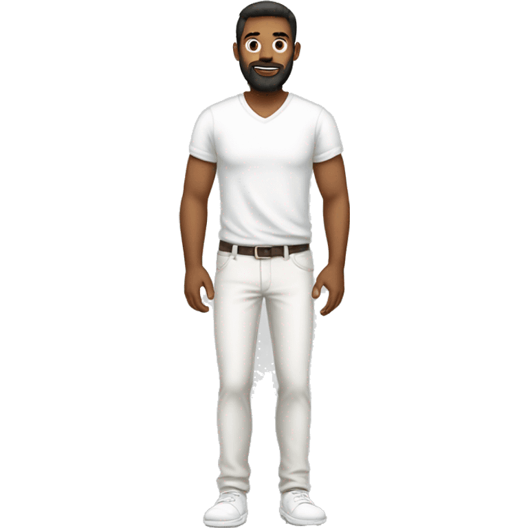 A guy with a beard standing and wearing white pants and white tshirt and shoesless emoji