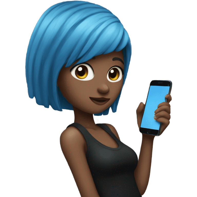 girl with blue hair in black clothes holding a phone emoji