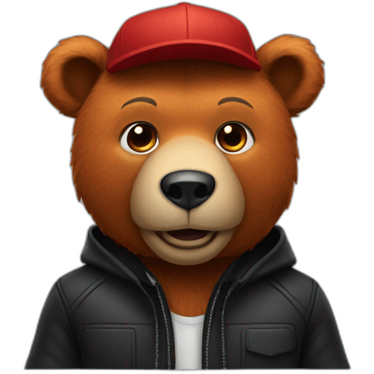 A red bear with black jacket and a black cap emoji