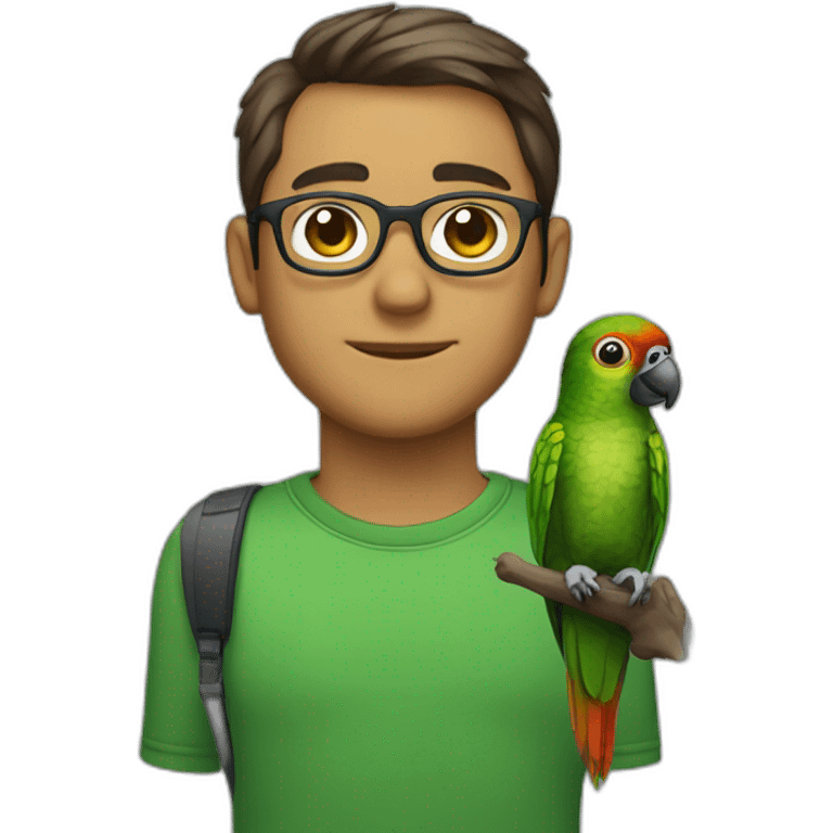 man with glasses and a green cheeked conure on his shoulder emoji