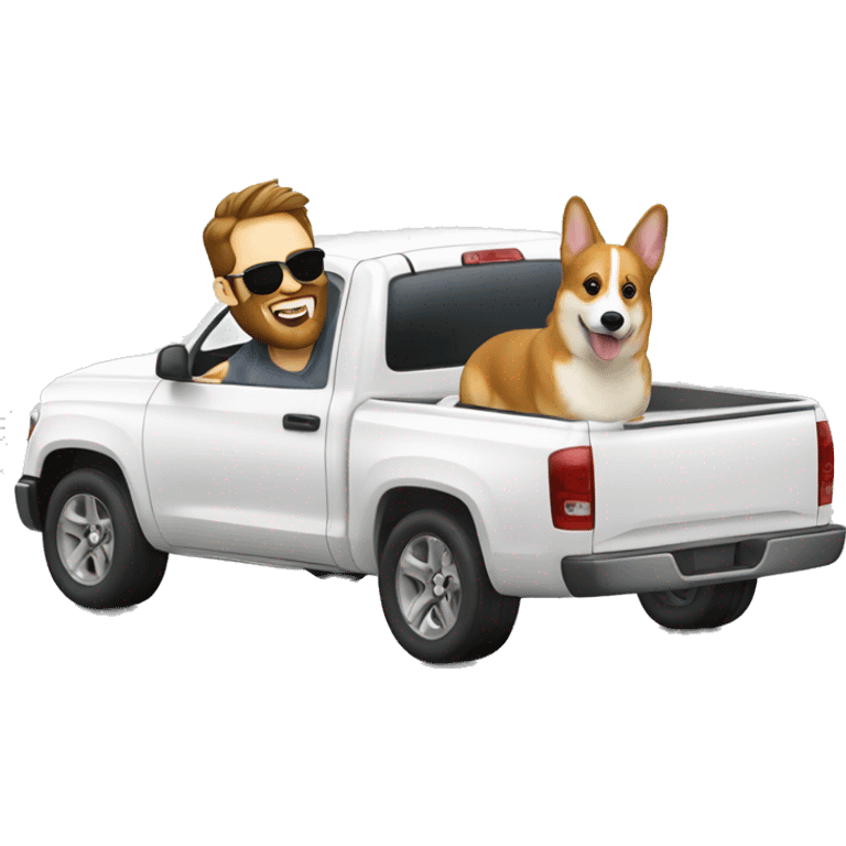 Two sunglass guys one with a beard in a white truck with a corgi emoji