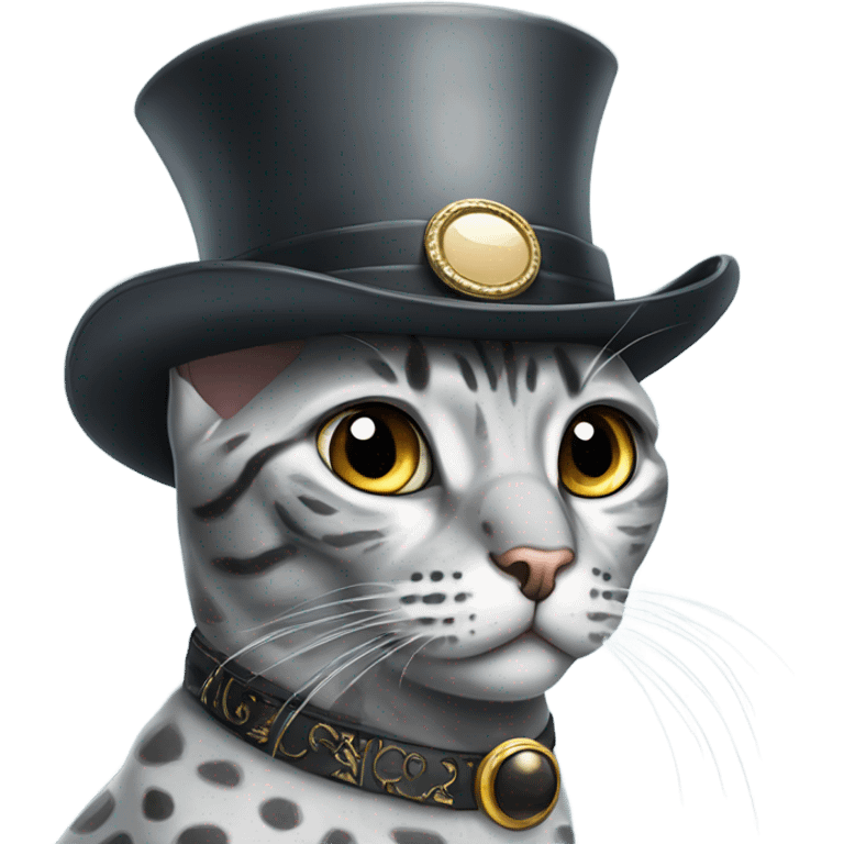 A highly sophisticated grey Egyptian Mau with a top hat and a monocle emoji