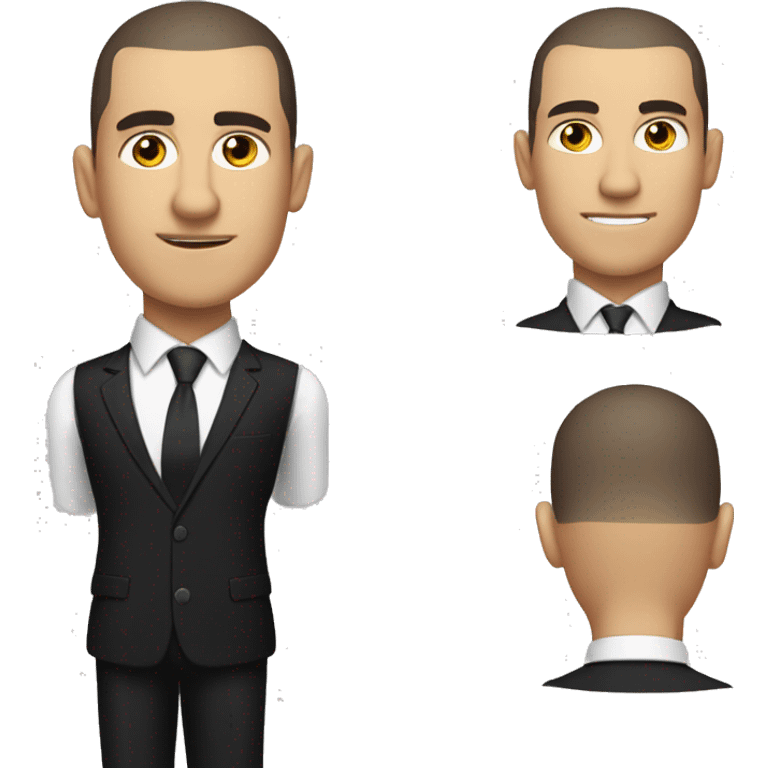 White man with dark hair buzzcut, wearing black suit and tie with white dress shirt  emoji