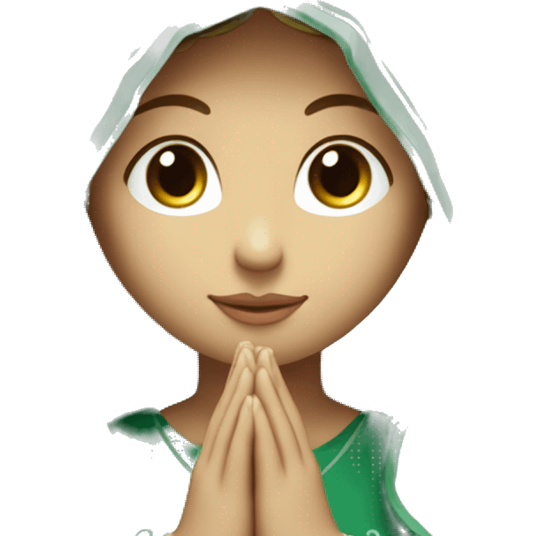 Virgin Mary: Serene and kind face. Wearing an emerald green  robe and white veil. Hands in prayer or blessing. Halo around her head. standing on a crescent moon.  emoji