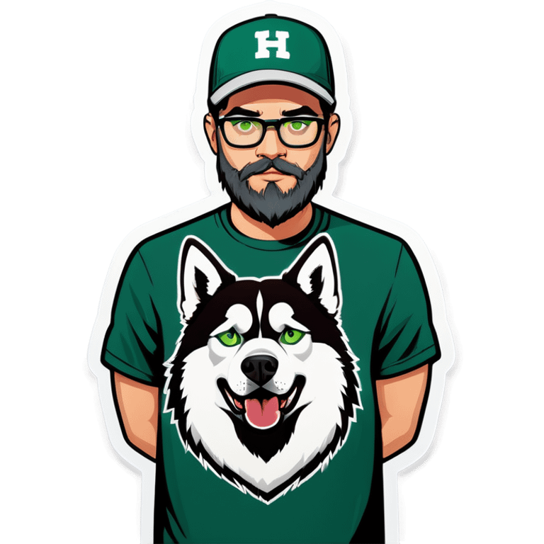 A bold man with a grey baseball cap, green eyes, big beard and glasses with a husky dog emoji